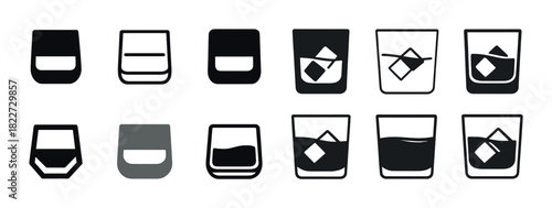 Set of black and white drink icons with ice cubes in glasses