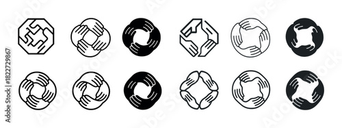 Circle of hands: unity and support symbols in various designs