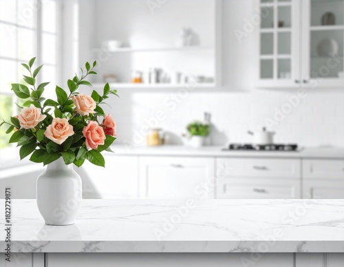 Pure White Counter, Softly Lit Kitchen.