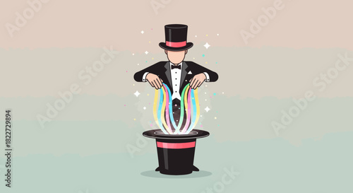 Magician emerging from a top hat with a magical glow performing an illusion.