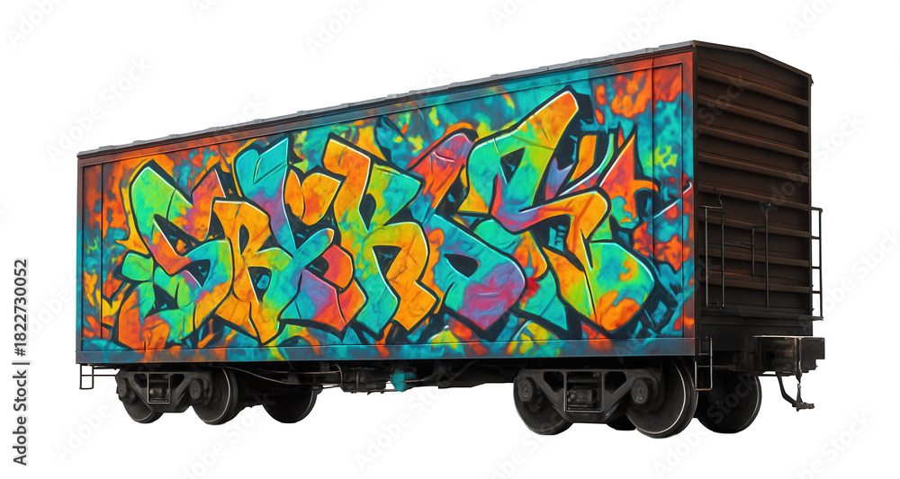 Fototapeta premium Contemporary boxcar featuring street art and a sturdy underframe.