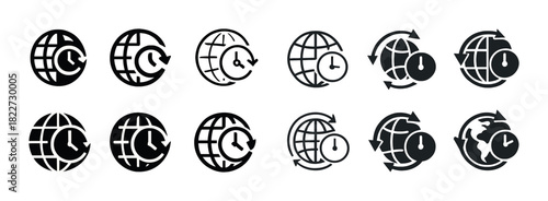 Global time icon set with world maps and clocks in various styles