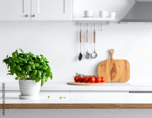 Clean Look White Counter, Blurred Kitchen.