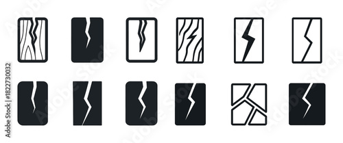 Set of cracked screen icons in various styles