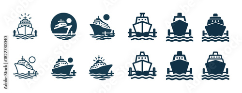 Set of nautical ship icons with various vessel designs and silhouettes