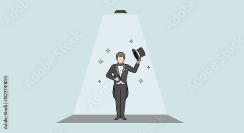 Magician in Spotlight Performing a Show with Top Hat.