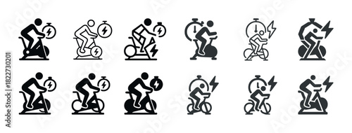 Energy efficient exercise bike icons with timer and bolt symbols