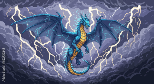 Majestic Blue Dragon Soaring Through a Lightning Storm.