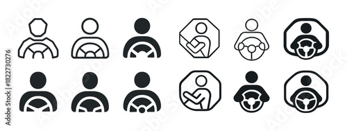 Various icon styles of people driving vehicles