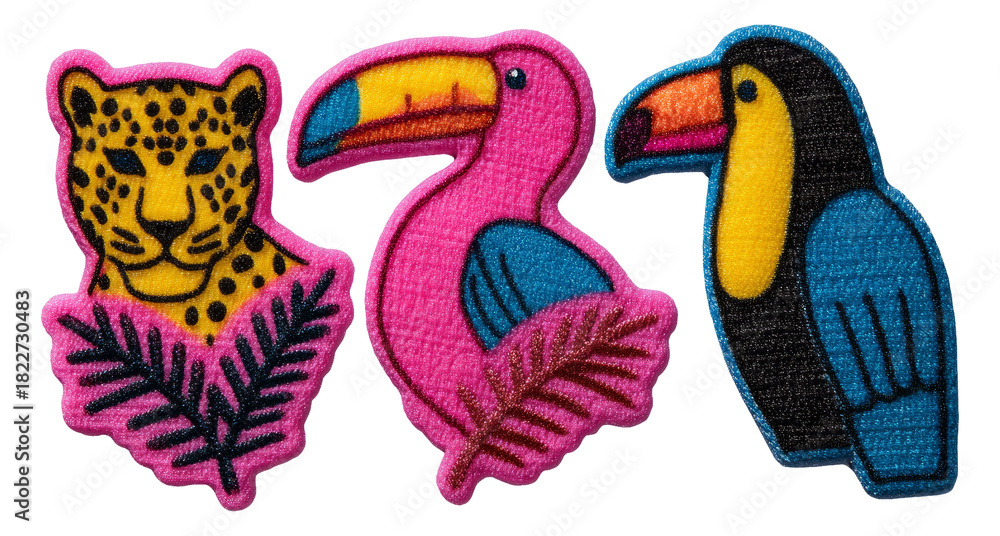 Fototapeta premium Colorful Jungle Animal Patches Featuring Leopard, Flamingo, and Toucan Designs