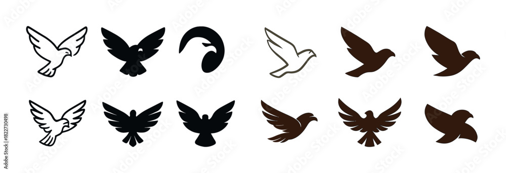 Fototapeta premium Collection of dove silhouettes in various styles and colors