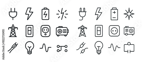 Set of electricity icons including plug, lightning, battery, and lightbulb symbols