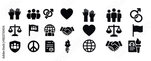 Social icons: unity, equality, justice, peace, global connections