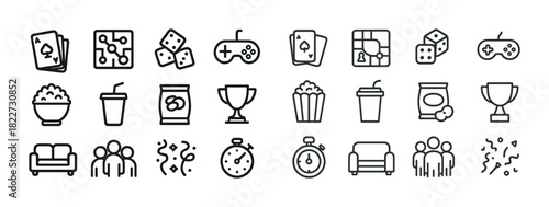 Icon set for games and snacks featuring cards, dice, controllers, drinks, and trophies