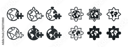 Global puzzle icons set: earth, jigsaw pieces, black and white design