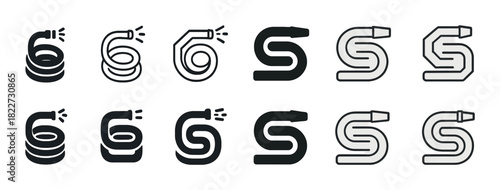 Assorted garden hose icons set: spraying, coiled, curved in various styles