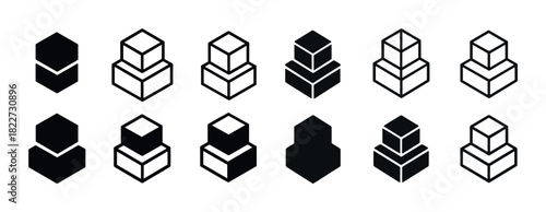 Geometric cube and hexagon icons in black and white