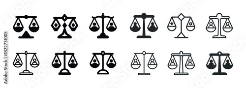 Set of black and white balance scale icons in various designs