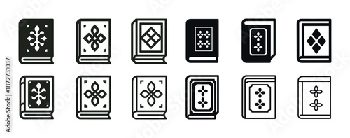 Set of 12 classic decorative book icons in black and white design