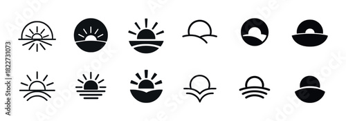 Minimalist sunrise and sunset icons collection in black and white