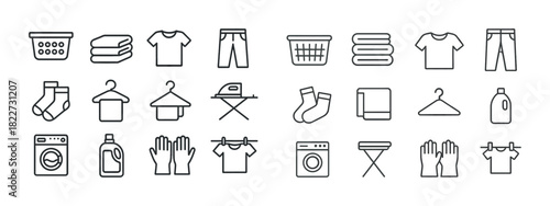 Laundry icons set: washing machine, iron, detergent, clothes, socks