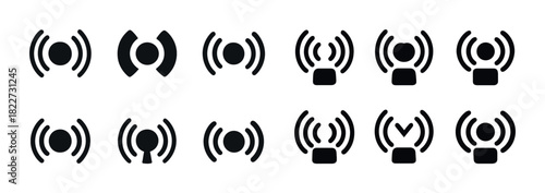 Black wireless signal and connectivity icons in various styles
