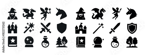 Fantasy icon set featuring wizard, dragon, fairy, unicorn, castle, and magic elements