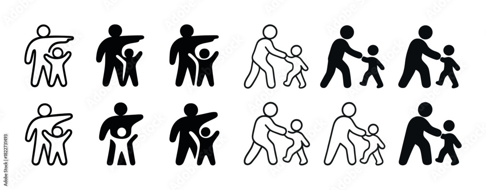 Naklejka premium Diverse family icons: parent-child figures in various styles and directions