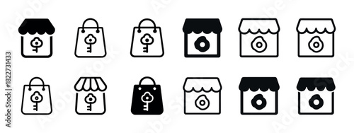 Set of storefront and shopping bag icons with key and donut elements