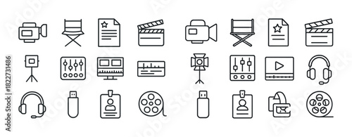 Film production icons: camera, director chair, clapperboard, script, headphones, film reel