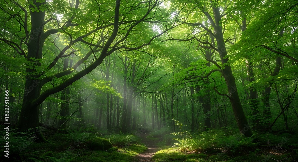 Obraz premium Ethereal sunbeams pierce the verdant canopy of a peaceful, ancient woodland, illuminating a hidden path