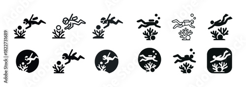 Set of diver icons in various styles with coral reefs