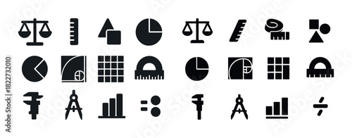 Collection of black geometric and measurement symbols on white background