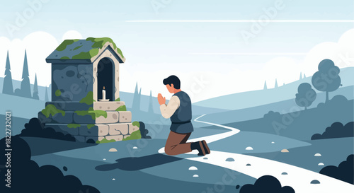 Man Kneeling in Prayer Beside an Old Shrine in a Serene Landscape.