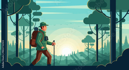 Man Hiking in Forest at Sunrise with Backpack and Walking Stick.