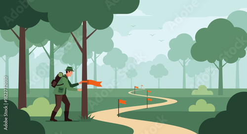Man Marking Trees in Forest for Trail or Survey.