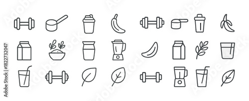 Fitness and nutrition icons set: weights, blender, shaker, banana, leaf, drink