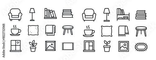 Minimalist home icons collection - furniture, decor, books, plants, windows, art