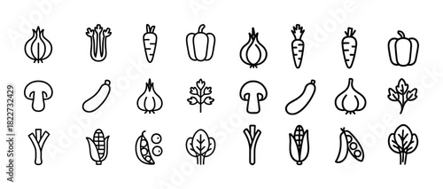 Outline icons of various vegetables including onion, carrot, bell pepper, and mushroom