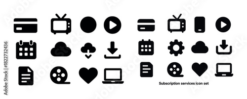 Subscription services icon set: technology, media, and entertainment symbols