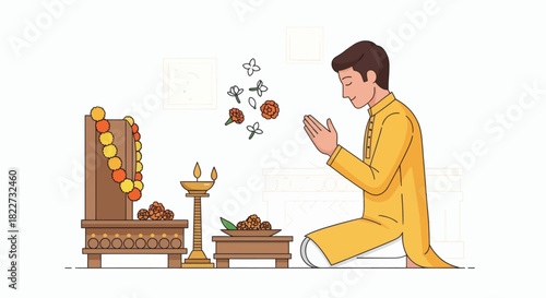 Man praying in traditional Indian attire during a religious ceremony.