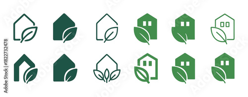 Eco-friendly house icons with leaves in green shades