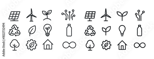 Eco-friendly icon set: solar, wind, recycling, nature, sustainability symbols