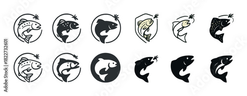 Set of fish logos with hooks in various styles and designs