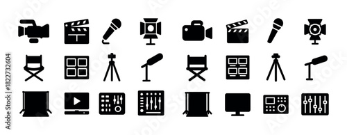 Film and audio equipment icons set: microphone, camera, director's chair, lighting, editing