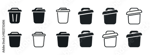 Collection of simple trash can icons in black and white