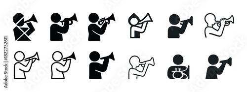 Trumpet icon set featuring 11 diverse musician silhouettes in various styles