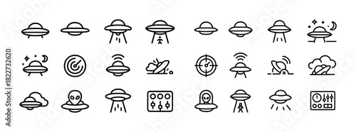 Ufo icon set: alien spaceship, radar, extraterrestrial symbols in minimalist line art