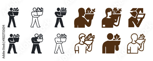 Collection of diverse garden worker icons with plants and vegetables