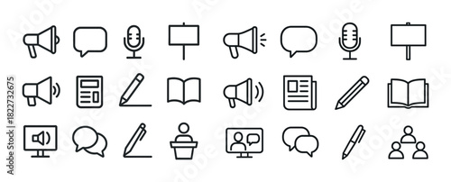 Communication tools and icons: megaphone, microphone, speech bubble, book